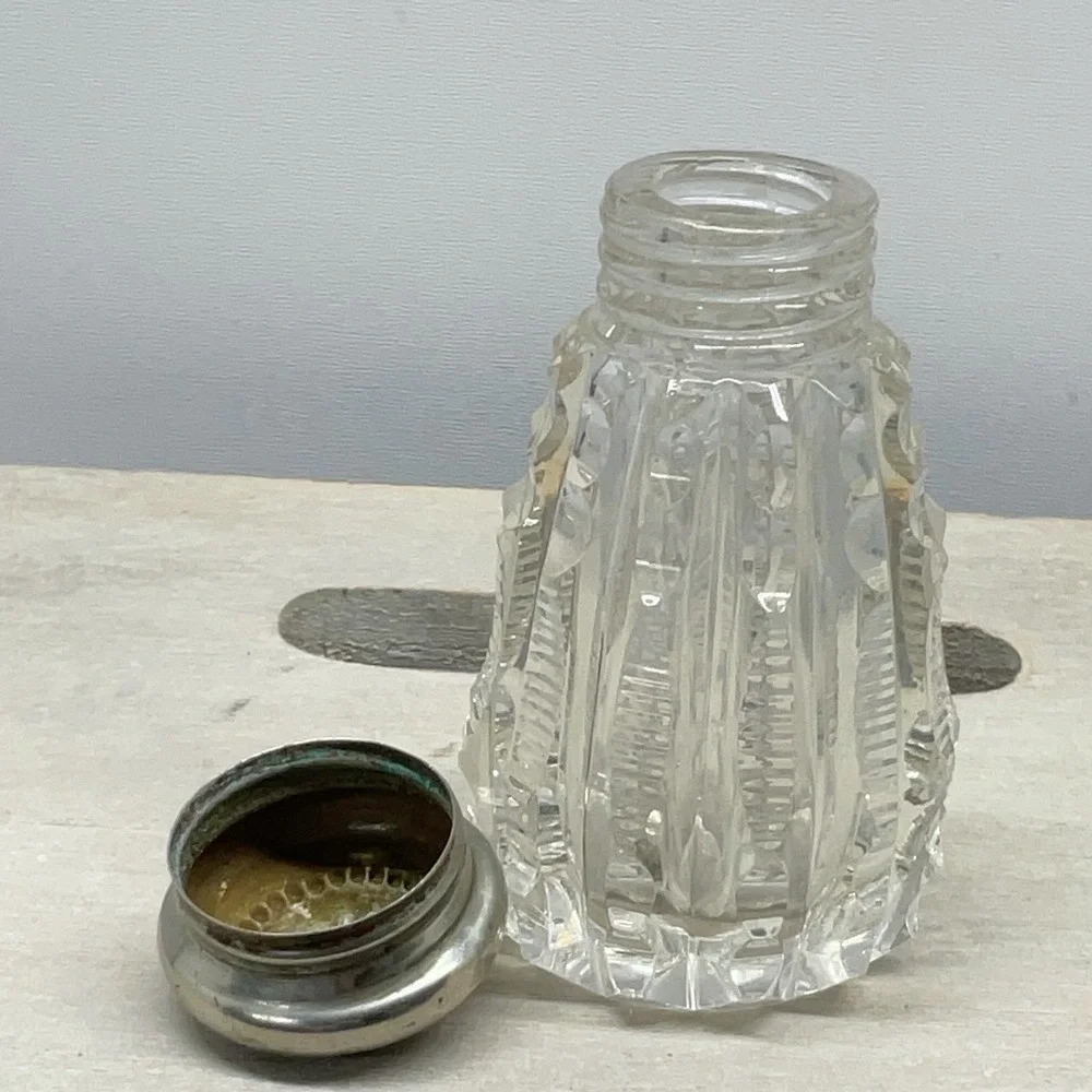 Antique Cut Glass Shaker Victorian Geometric Pattern Silver Tone Lid Clear